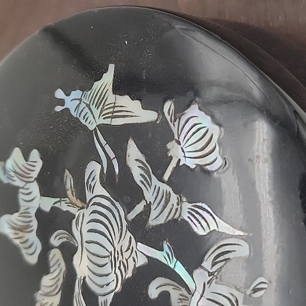 Vtg Black Lacquer Box Lid Mother of Pearl Inlaid Bird Butterfly Trinket Jewelry